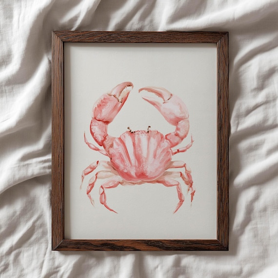 Printed Pink Crab Coastal Wall Art Watercolor Nautical Decor Beach House Poster Soft Coral Shell Painting Seaside Home 0688