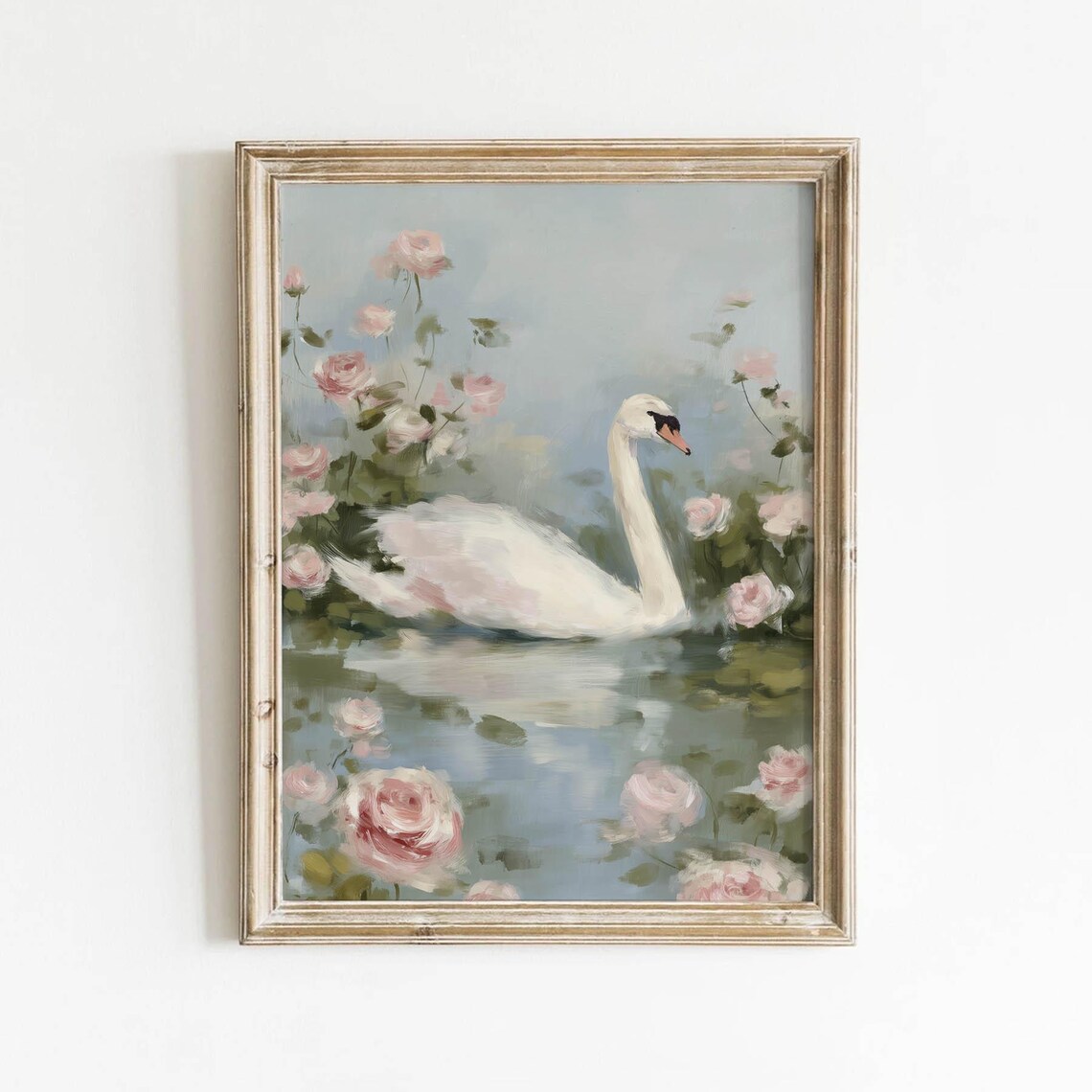 White Swan Pink Roses Soft Oil Painting Romantic Floral Art Poster