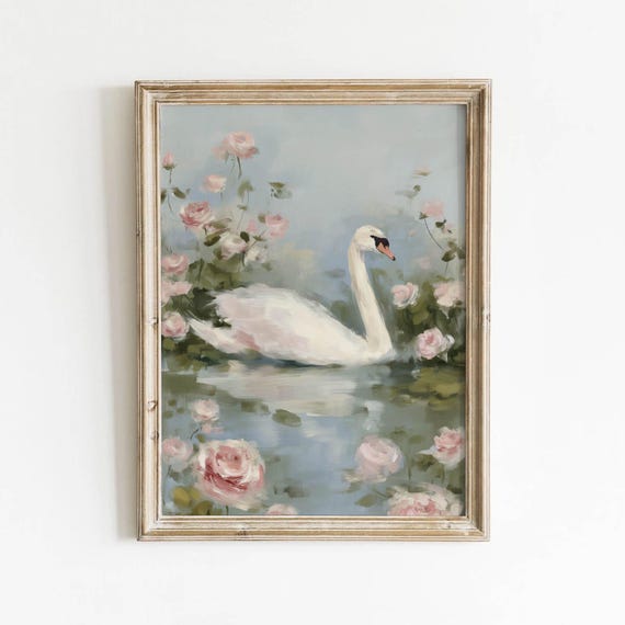 Graceful White Swan With Pink Roses Printable Wall Art Pastel Spring Summer Cottagecore Decor Retro Coquette Style Digital Download 0274