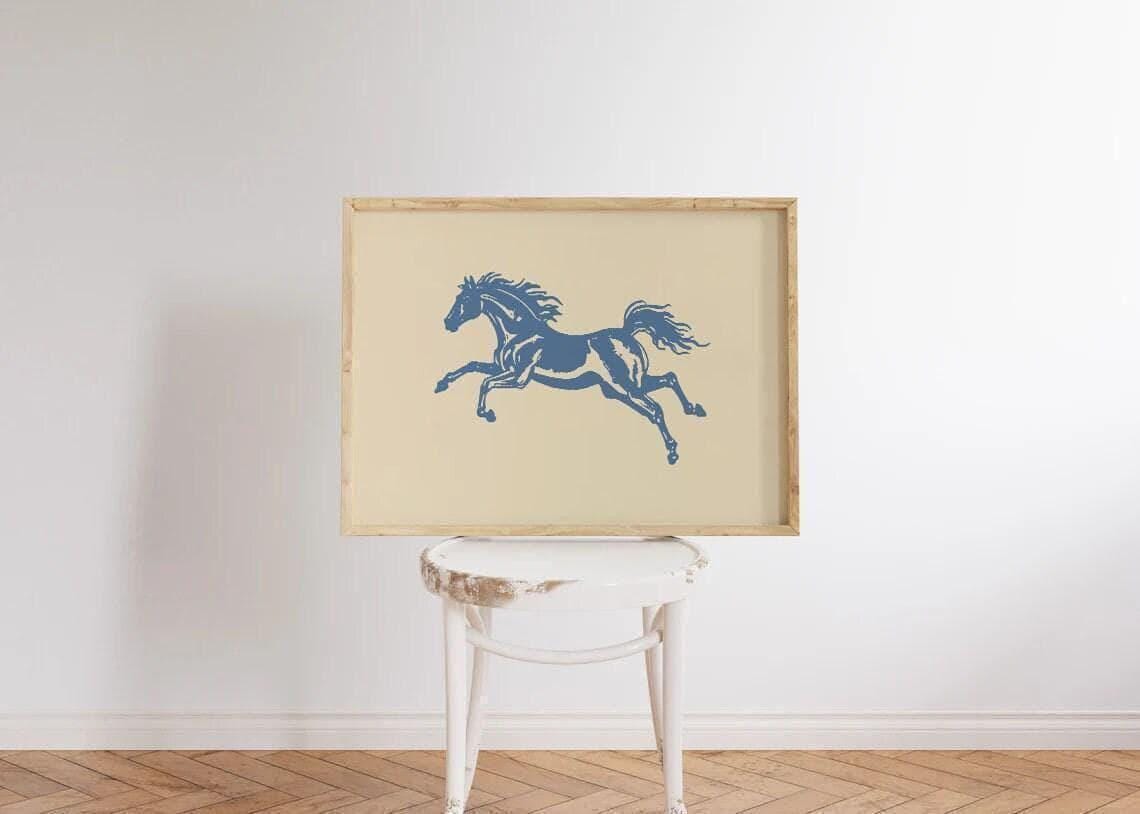 Blue Galloping Horse Silhouette Vintage Western Cowboy Art Poster