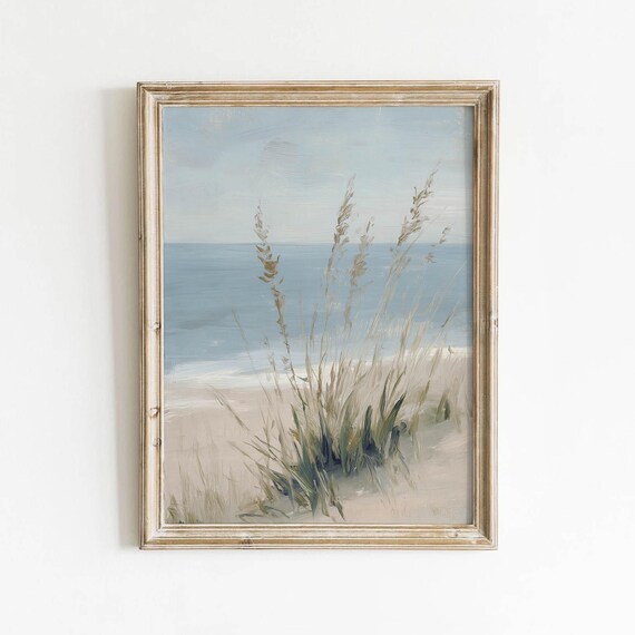 Coastal Beach Dune Landscape Printable Muted Sandy Shore Wall Art Vintage Ocean Scene Decor Neutral Seaside Print Soft Blue Download 455