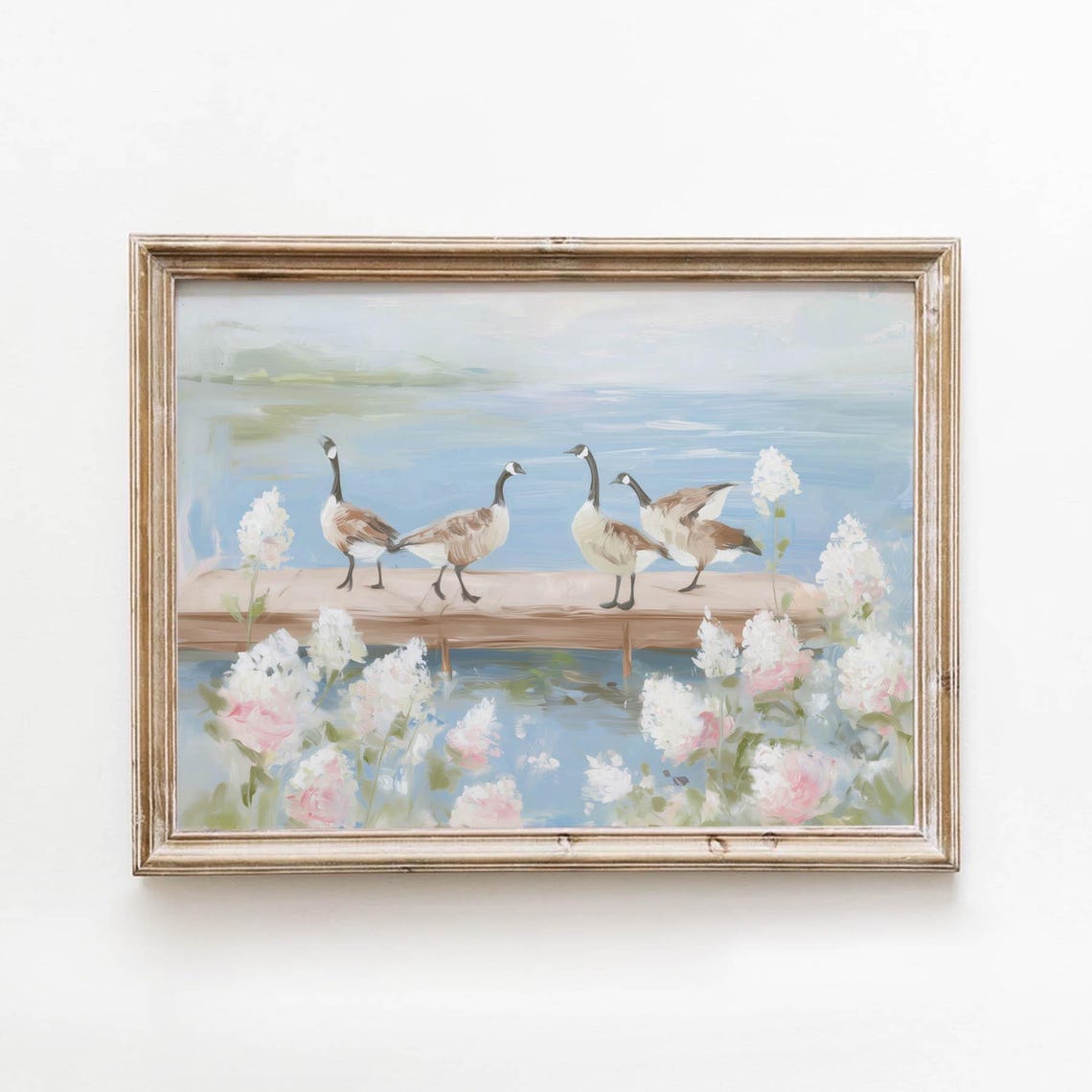 Geese on Dock Spring Flowers Poster Soft Blue Coastal Watercolor