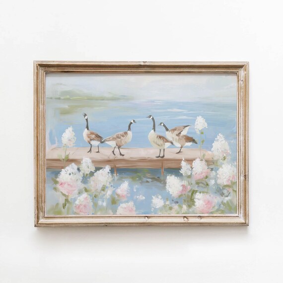 Geese on Dock Spring Flowers Poster Soft Blue Coastal Watercolor