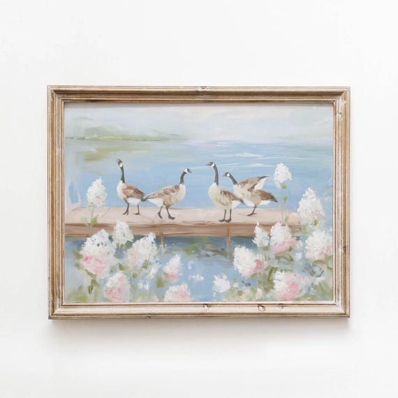 Geese On Dock With Spring Flowers Printable Soft Blue Coastal Wall Art Romantic Cottagecore Landscape Decor Dreamy Feminine Download 643