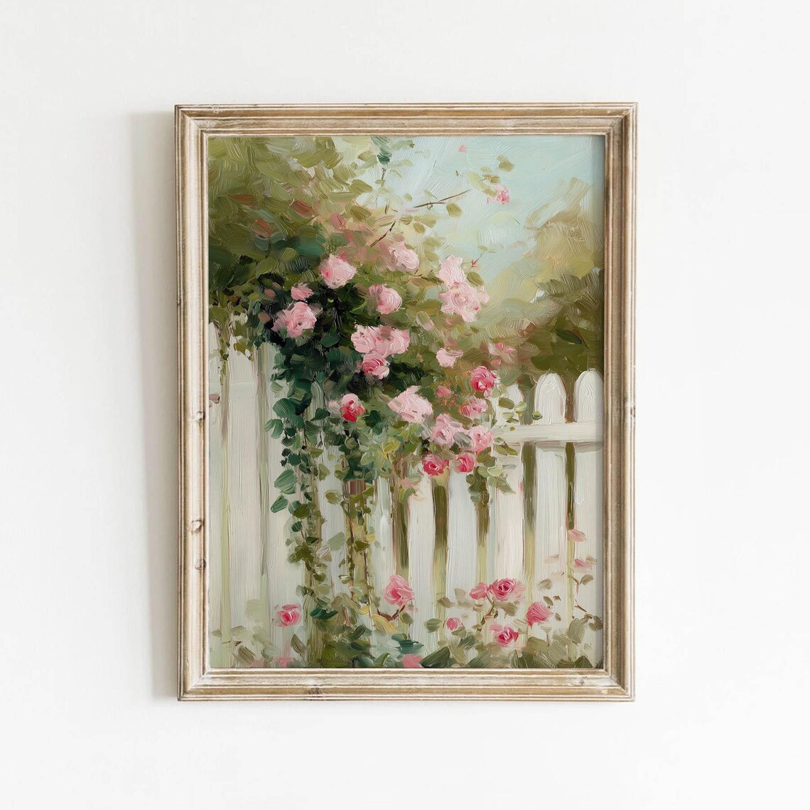 Climbing Pink Roses on White Picket Fence Oil Painting Poster