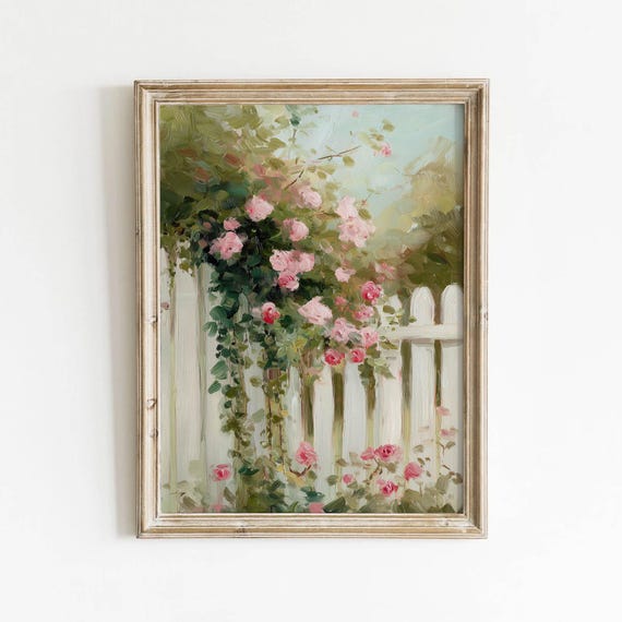 Romantic Climbing Rose Bush Printable Pink Floral Wall Art Cottagecore Vintage Garden Decor Feminine Room Green Download 0326