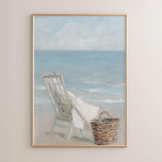 Beach Chair With Wicker Basket Soft Blue Ocean Painting Poster