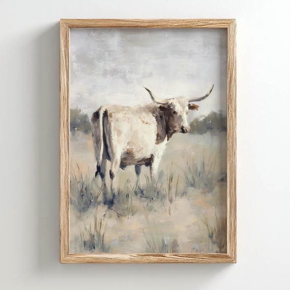 Printed Texas Longhorn Cattle In Prairie Field Rustic Landscape Muted Neutral Tones Vintage Country Art Oil Painting Style 0597