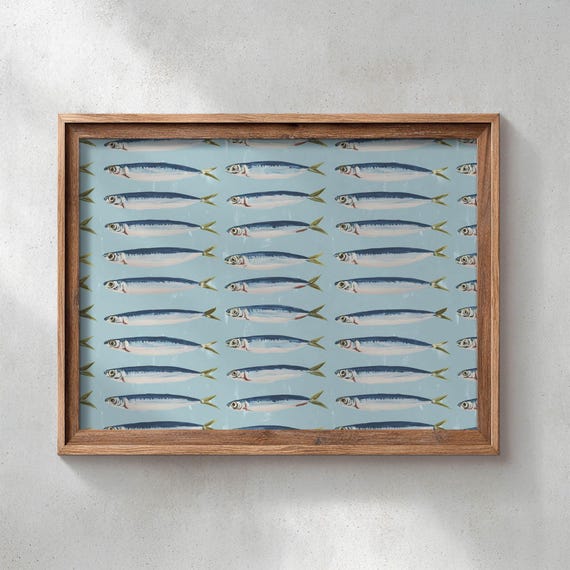 Coastal Nautical Fish Poster Print Silvery Sardine Pattern Light Blue Beach House Decor Seaside Art Playful Wall P164