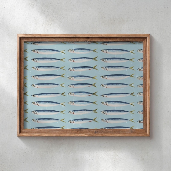 Coastal Sardine Pattern Silvery Fish Nautical Kitchen Art Poster