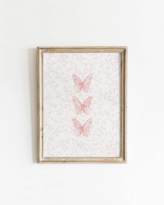 Pink Butterflies Coquette Damask Pattern Nursery Decor Wall Art
