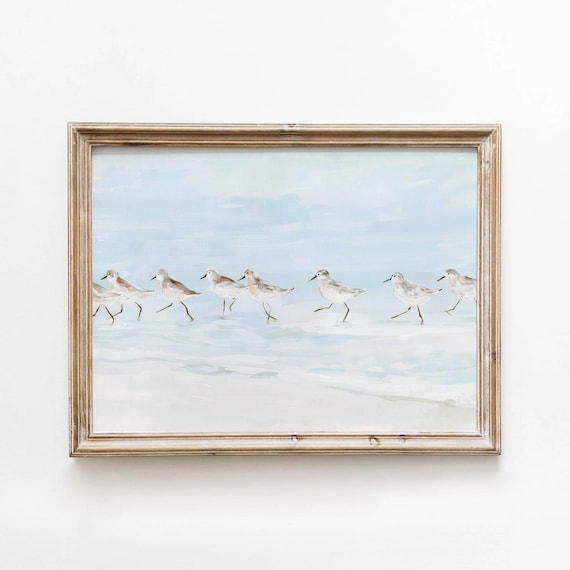 Sandpipers Running On Misty Shore Printable Coastal Wall Art Muted Beach Landscape Decor Neutral Seaside Painting Digital Download 710