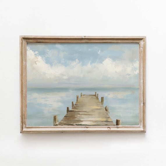 Wooden Pier Calm Ocean Blue Sky Soft Clouds Vintage Seascape Poster