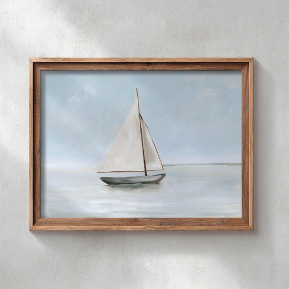 Printed Sailboat On Calm Water Coastal Vintage Painting Serene Nautical Wall Art Muted Blue Landscape Beach House Decor Print 0709