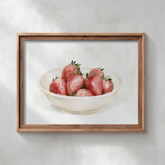 Printed Strawberry Bowl Kitchen Wall Art Vintage Farmhouse Neutral Decor Watercolor Fruit Painting Cottage Style Dining Room Print P750