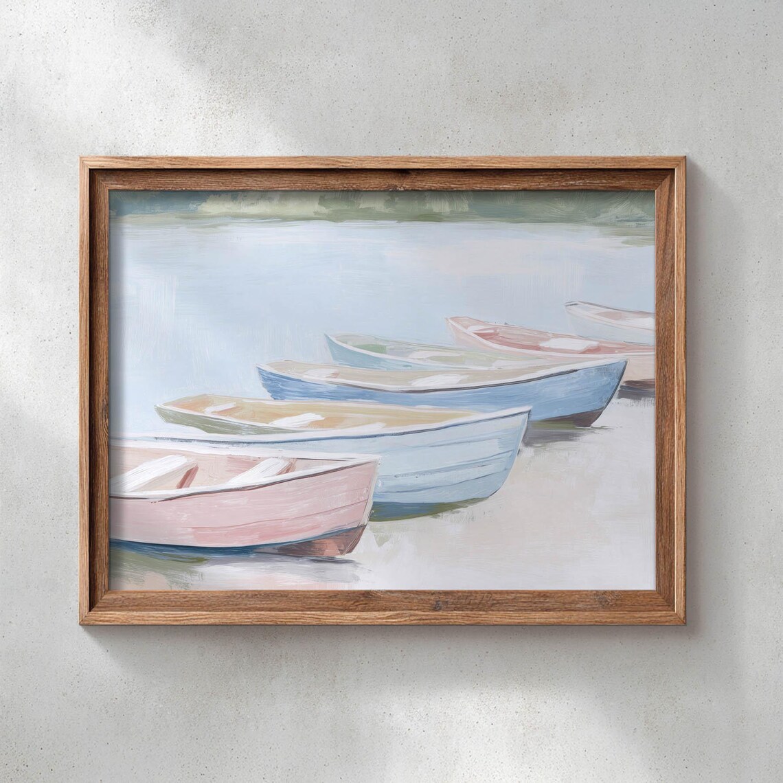 Printed Rowboats On Still Water Art Print