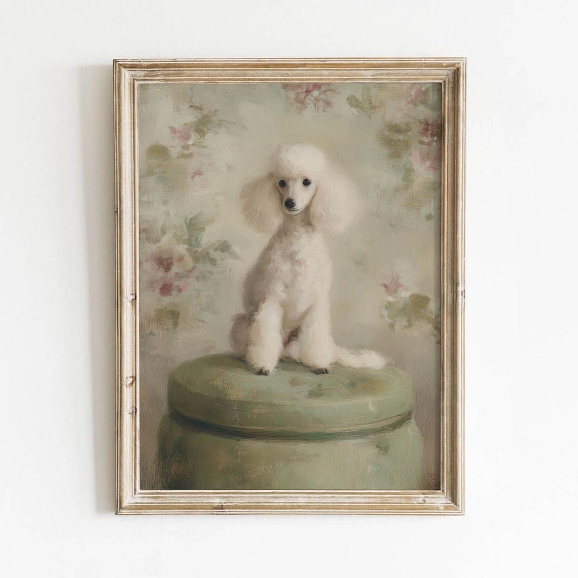 White Poodle Sitting on Green Stool Vintage Dog Portrait Poster