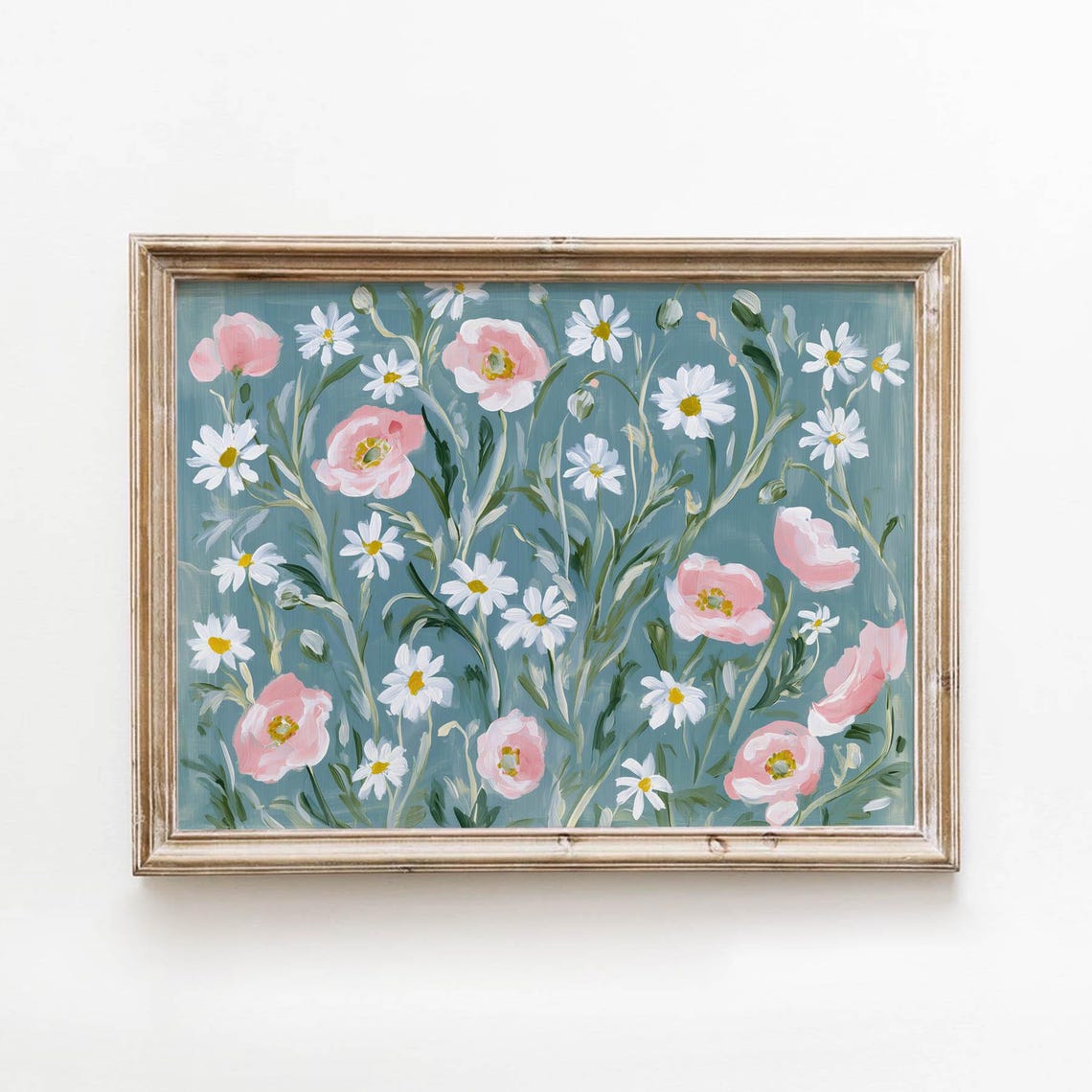Soft Pink Poppies White Daisies Vintage Teal Floral Wall Art