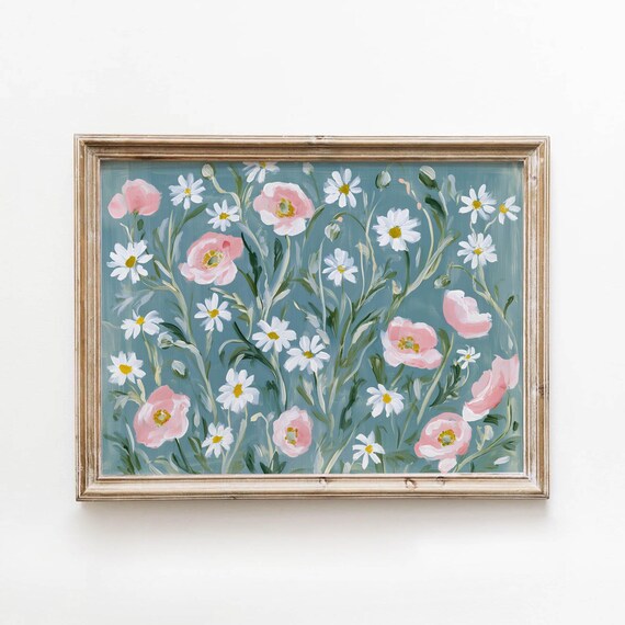 Soft Pink Poppies White Daisies Vintage Teal Floral Wall Art