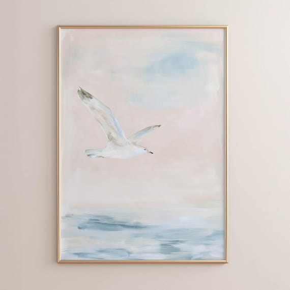 Seagull Over Calm Ocean Pastel Watercolor Soft Coastal Beach Wall Print