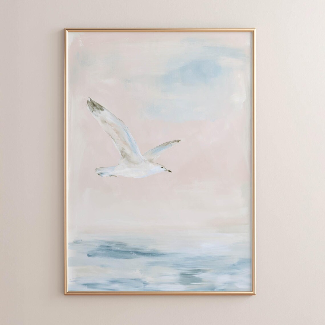 Seagull Over Calm Ocean Pastel Watercolor Soft Coastal Beach Wall Print