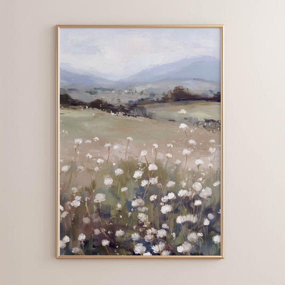 Printed Wildflower Meadow Rolling Hills Misty Mountains Sage Green Taupe Cream Cottage Landscape Oil Painting Neutral Wall Art 0608