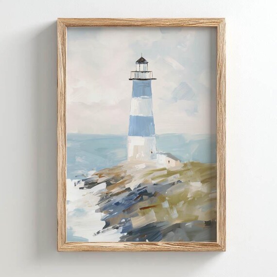 Printed Striped Lighthouse On Rocky Headland Poster Print Muted Coastal Colors Nautical Decor Modern Farmhouse Art Wall Accent P309