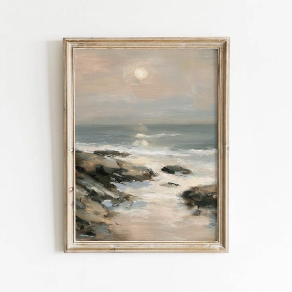 Moody Coastal Seascape Printable Muted Gray Taupe Ocean Wall Art Rocky Shoreline Decor Vintage Neutral Bedroom Cream Download 412