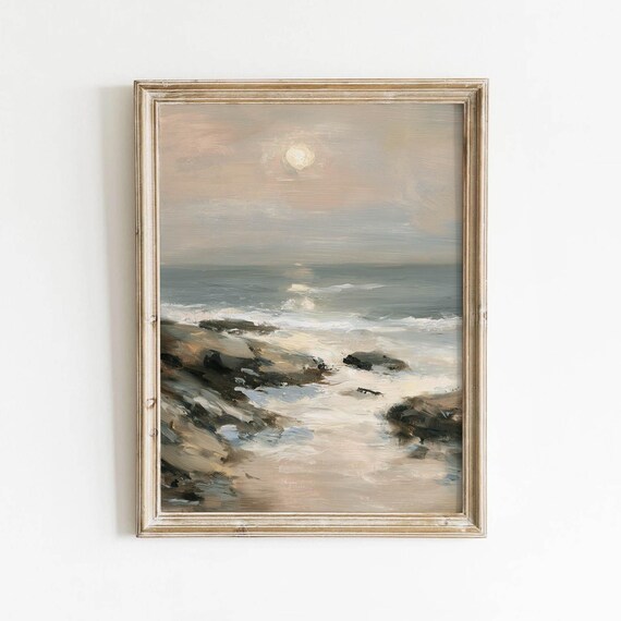 Moody Rocky Shoreline Ocean Waves Gray Neutral Vintage Art Poster