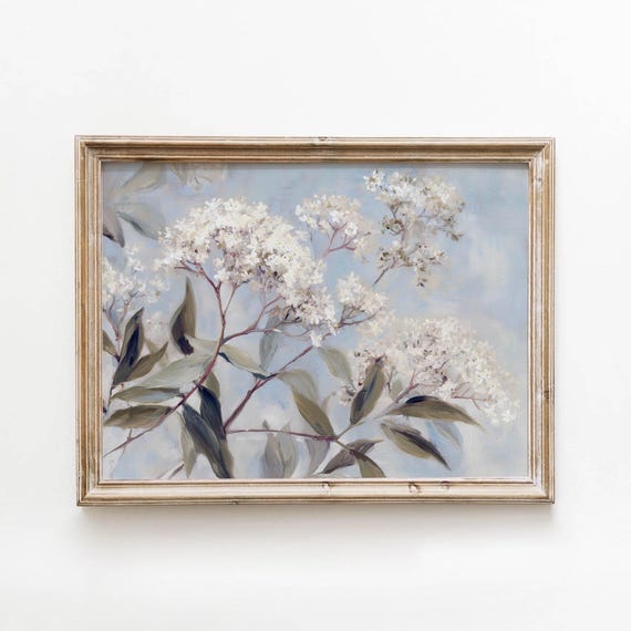 Vintage White Flowering Branch Printable Powder Blue Cottage Wall Art Botanical Decor Digital Download 585