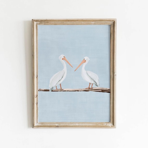 Printable White Pelicans Driftwood Branch Coastal Wall Art Light Blue Linen Texture Decor Minimal Beach Cottage Digital Download 678