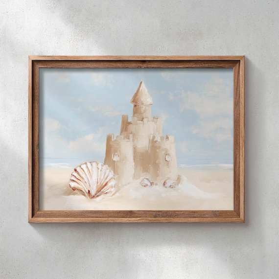 Printed Sandcastle Beach Painting Coastal Wall Art Poster Neutral Beige Ocean Scene Rustic Seaside Decor Summer Landscape Print 0716