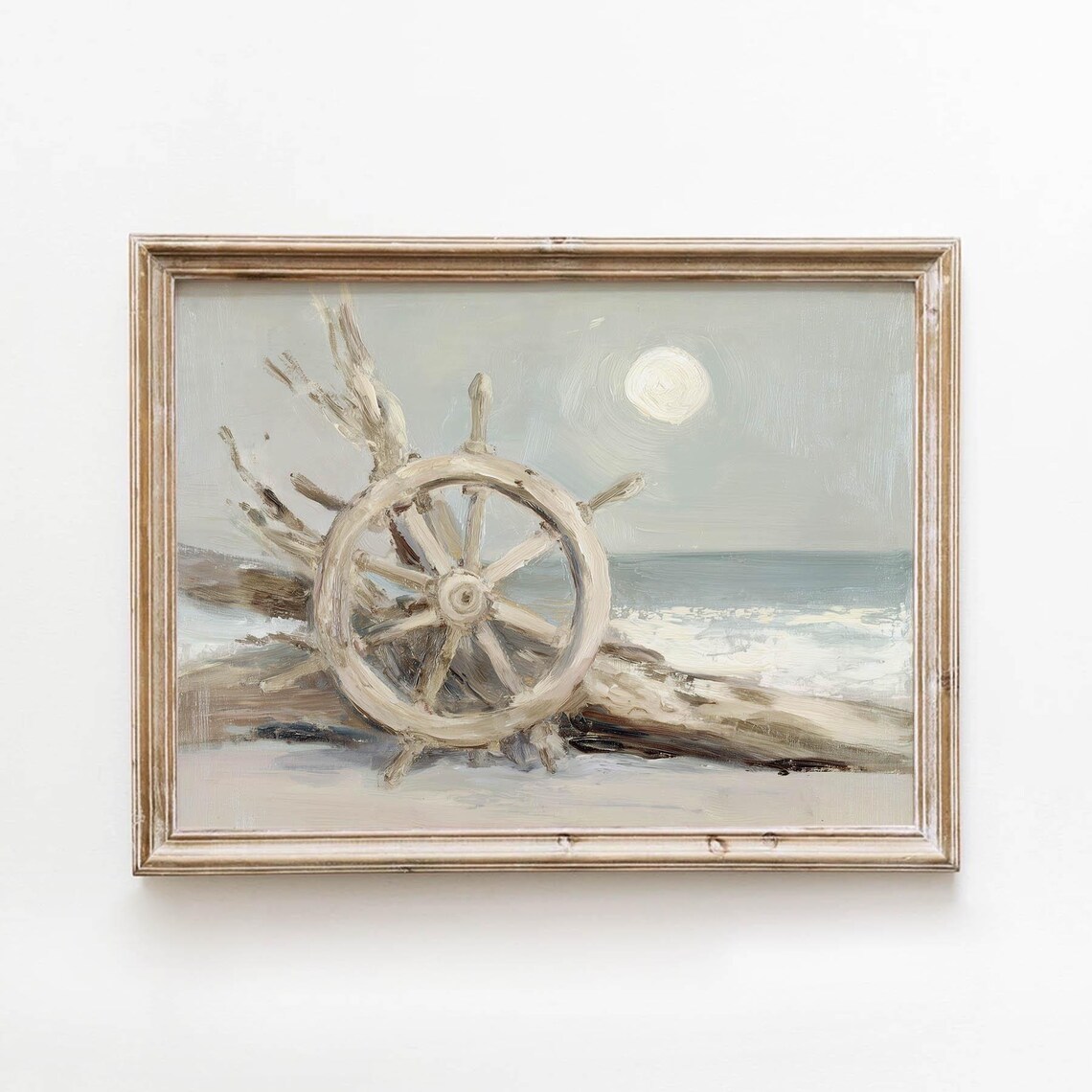 Ship Wheel Driftwood Beach Painting, Vintage Coastal Art