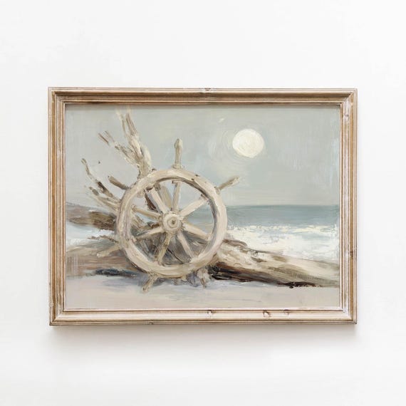 Ship Wheel Driftwood Beach Painting, Vintage Coastal Art