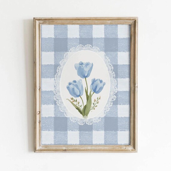 Blue Tulips In Lace Oval Gingham Cottagecore Floral Art Print