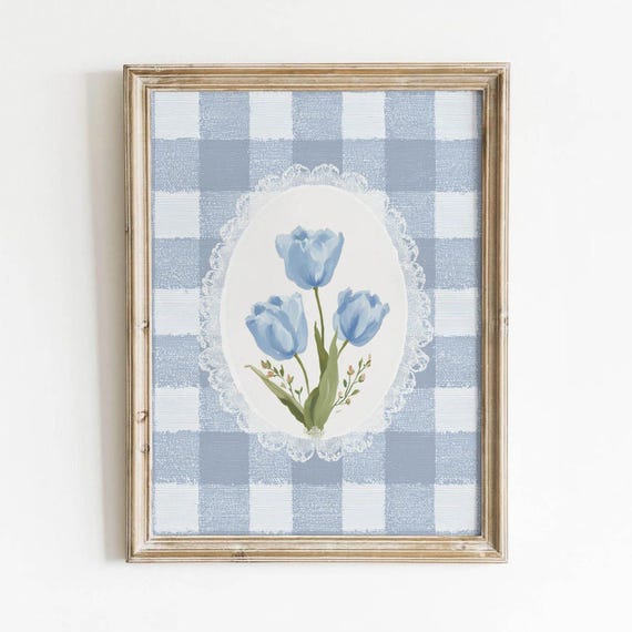 Vintage Blue Tulip Bouquet Printable Gingham Pattern Cottagecore Wall Art Farmhouse Floral Decor Spring Muted Download 0195