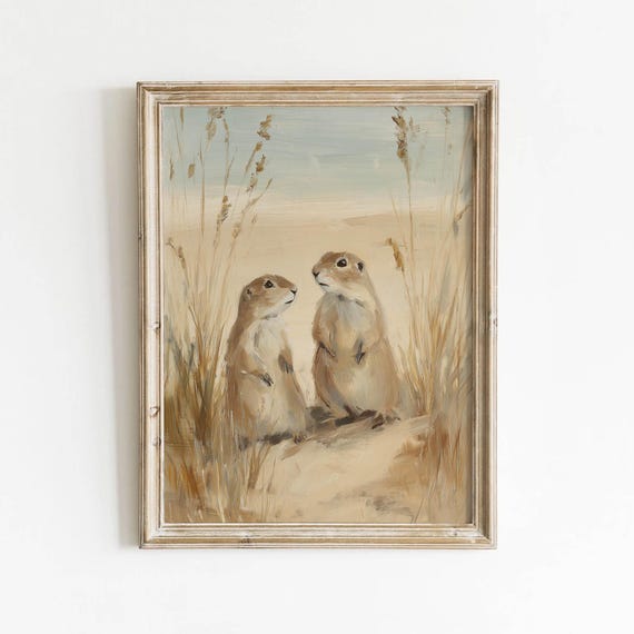 Muted Tan Brown Prairie Dogs Printable Rustic Wildlife Wall Art Vintage Grassland Decor Neutral Cottage Painting Pale Blue Download 511
