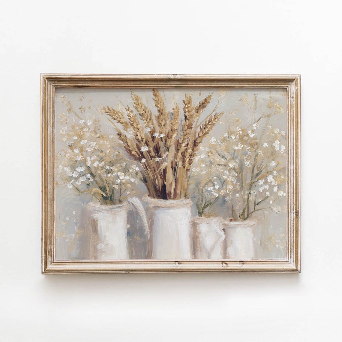 Dried Wheat and Baby Breath in White Pitchers Neutral Farmhouse Poster