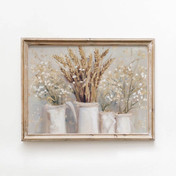 Vintage White Pitcher Wheat Bundle Printable Neutral Farmhouse Still Life Wall Art Rustic Shelf Decor Digital Download 595