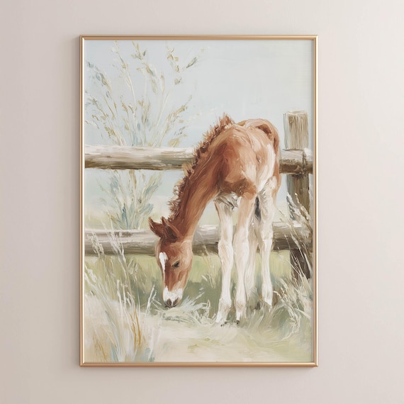 Baby Foal Grazing Wooden Fence Chestnut Pastel Farmhouse Art Poster