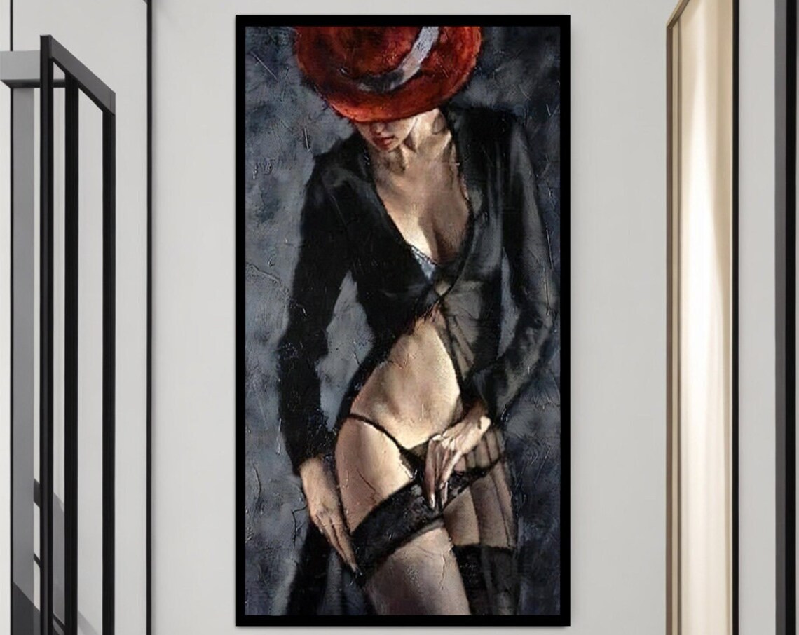 Elegant Woman In Red Hat Black Coat Oil Painting Portrait Poster