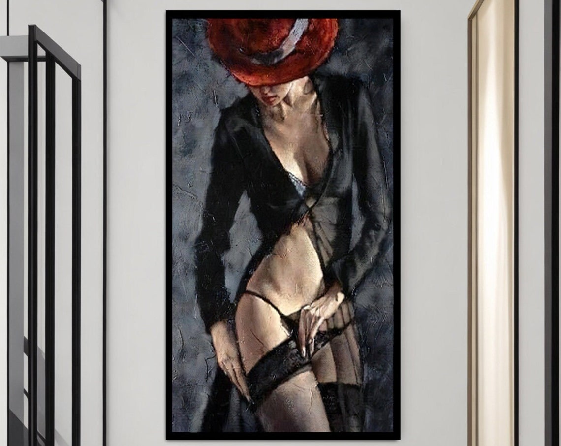 Painting Of Woman In Black Dress With Red Hat Woman In Red Hat Woman In Black Dress Art Sexy Woman Print