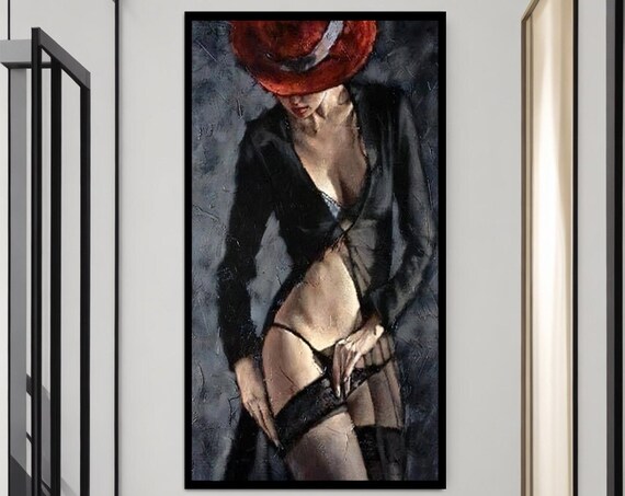Elegant Woman In Red Hat Black Coat Oil Painting Portrait Poster