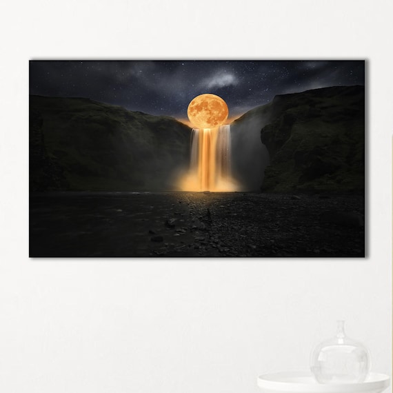 Moon Waterfall Canvas Print Dreamy Surreal Landscape Meditation Decor