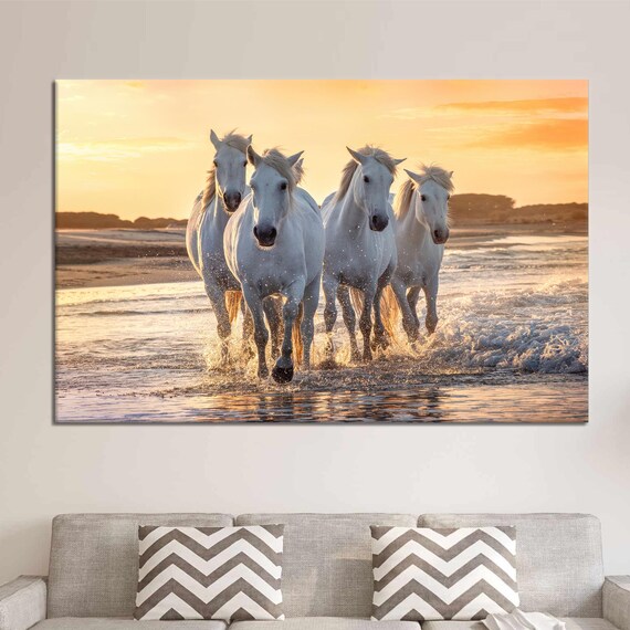White Horses Galloping on the Beach Sunset Wildlife Art Poster
