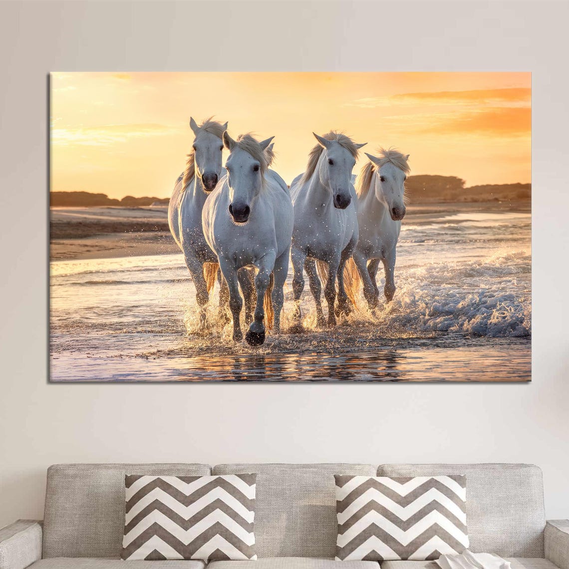 White Horses Galloping on the Beach Sunset Wildlife Art Poster