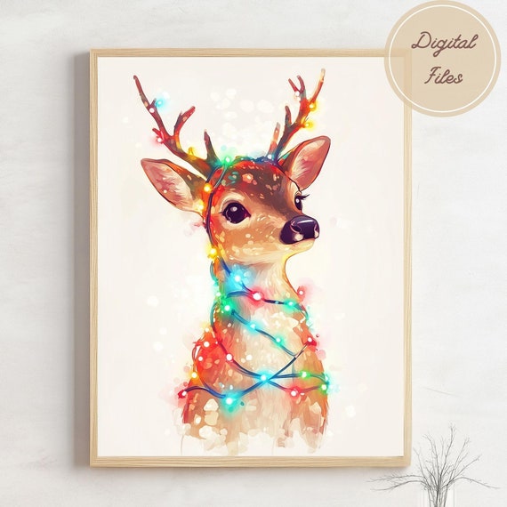 Cute Reindeer Christmas Wall Art Holiday Decor Festive Art Christmas Lights Decor Festive Prints Instant