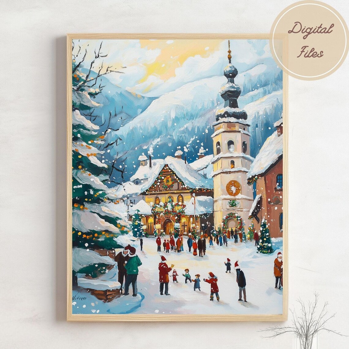 Snowy Alpine Village Christmas Scene with Church and Mountain Poster