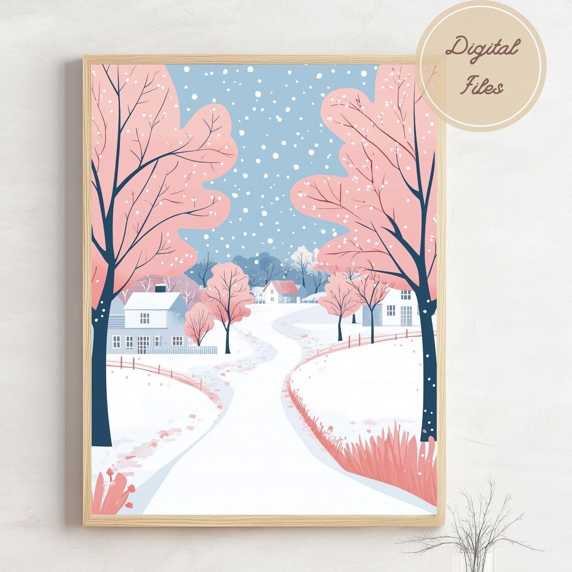 Pink And Blue Pastel Snowy Countryside Path With Houses Winter Art Poster