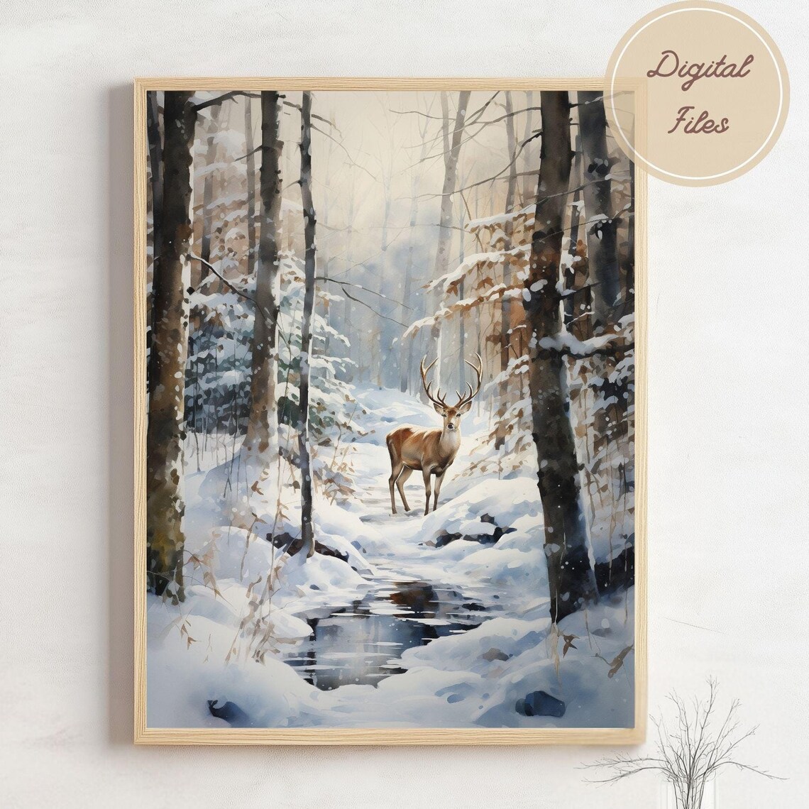 Watercolor Deer Standing In A Snowy Forest Winter Landscape Poster